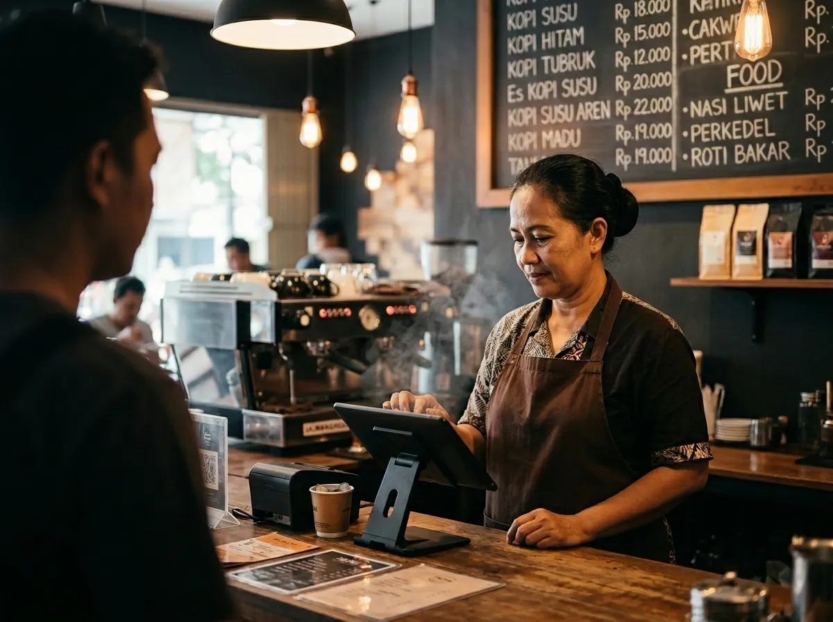 Kasir kafe melayani pesanan lewat sistem POS